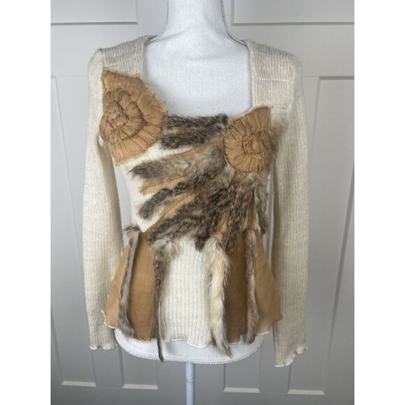 Radzoli Vtg 80's Sweater Wool Blend Gold Lurex Genuine Fur Art To Wear Sz S - Picture 1 of 11